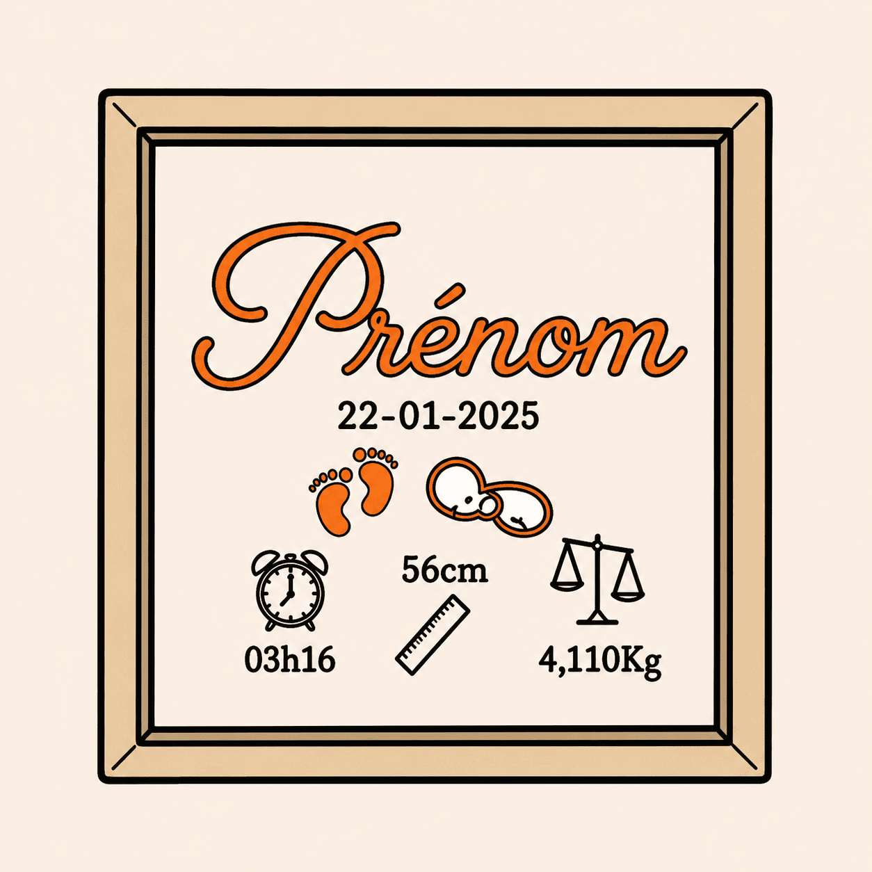 Cadre de naissance personnalisé orange