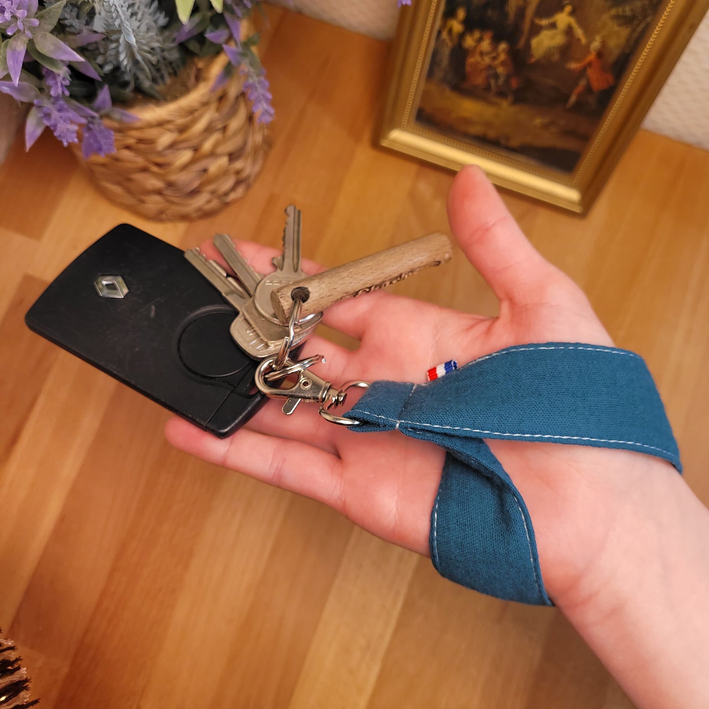 Porte clé double gaze bleu canard