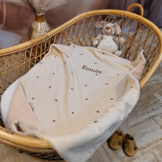 Couverture velours côtelé beige fleuri