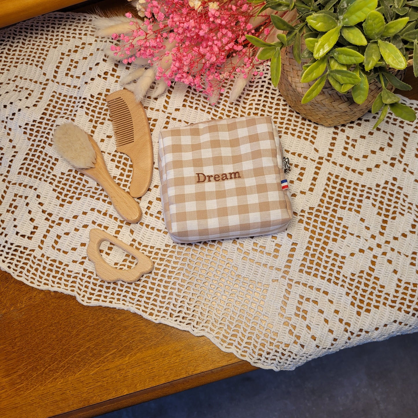 Trousse de toilette vichy camel