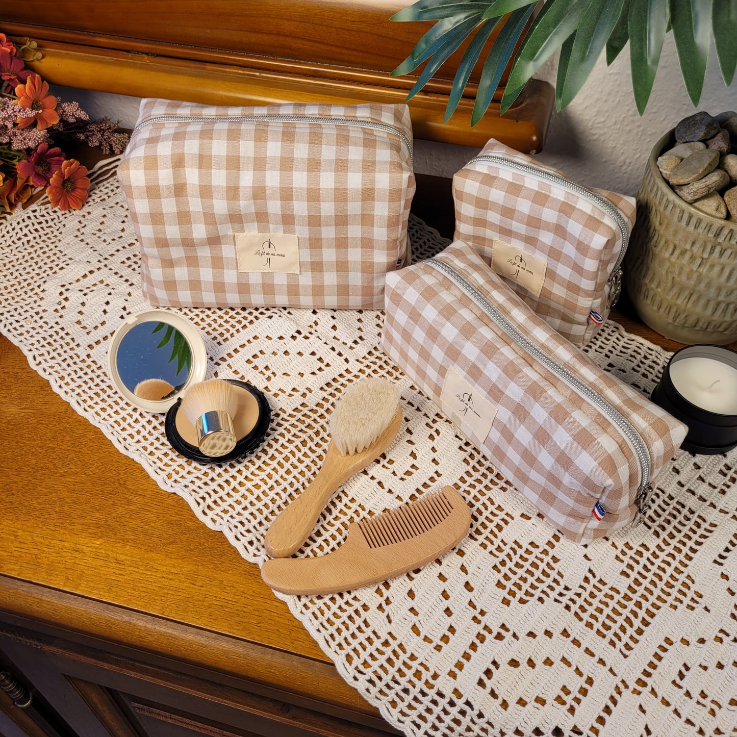 Trousse de toilette vichy camel